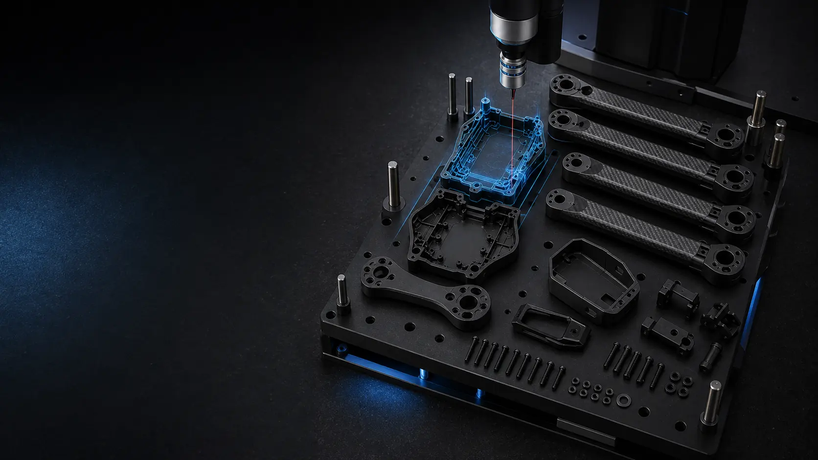 Composite and engineering-polymer drone components arranged for metrology review.